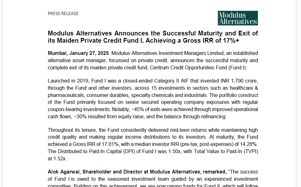 Modulus Alternatives Announces the Successful Maturity and Exit of its Maiden Private Credit Fund