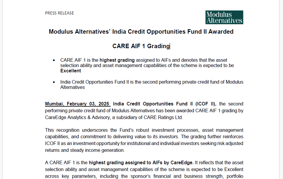 Modulus Alternatives’ India Credit Opportunities Fund II Awarded CARE AIF 1 Grading